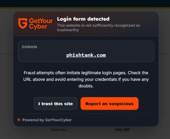 GetYourAuthSafe popup on a login page