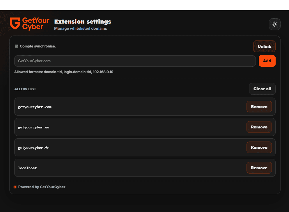 GetYourAuthSafe settings page